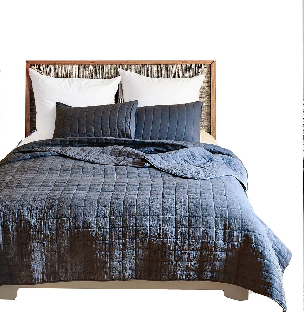 DuShow Solid King Bedspread Set 3 Pieces Geometric Soft Navy Blue Coverlet Set