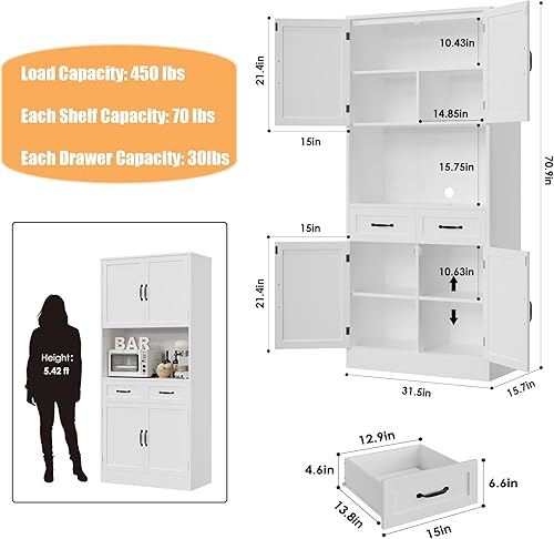 Miniatura 3 de HOSTACK Armario de almacenamiento de despensa de cocina de 71 pulgadas de alto, gabinete de bar moderno con soporte para microondas, aparador de
