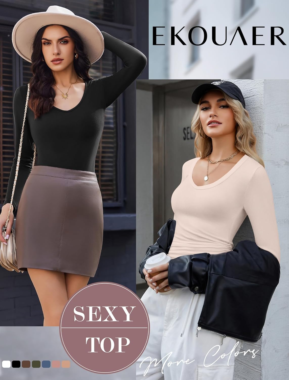 Ekouaer Deep V Neck Shirts for Women Low Cut Long Sleeve Tops Slim Fit Basic Cleavage Tees Deep Plunge Thermal Tshirts XS-XXL - Image 4