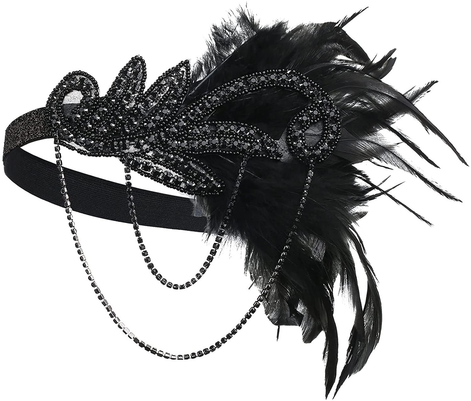 HPMAISON 1920s Flapper Headband Feather headband Black Feather Headpiece Roaring 20s Costumes Gatsby Headpiece for Women Rhinestone Beaded Tassel Vintage Fascinator Themed Party Halloween Costume