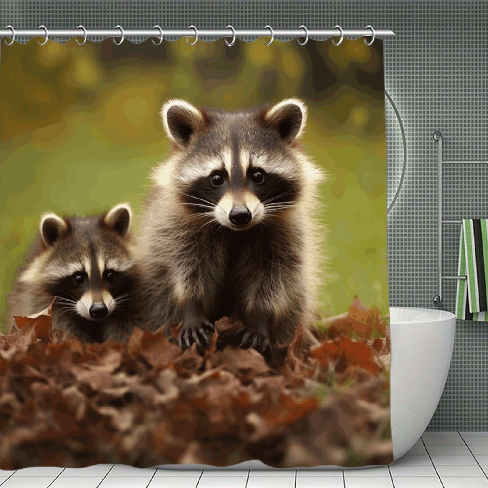 VstaDank Raccoon Shower Curtain Waterproof Bathroom Curtain with Hooks Luxury Weighted Bath Curtains for Bathtubs Showers Room Dividers Decorative Shower Curtains 71x71 in