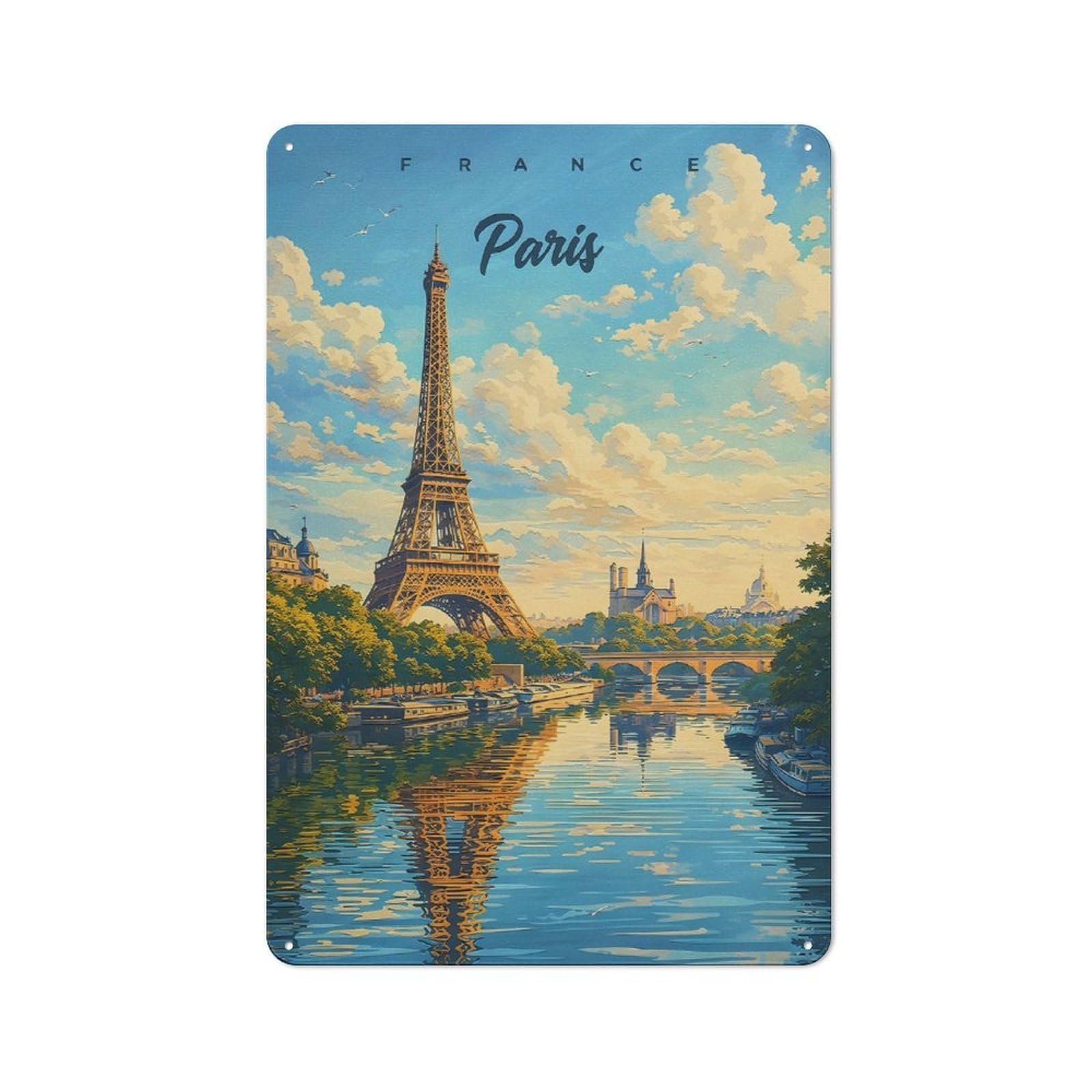 Junmoney Style-2 Eiffel Tower Paris River Scene Tin Wall Sign 30X20cm, Retro Novelty Wall Art For Bedroom, Kitchen, Office Or Living Room