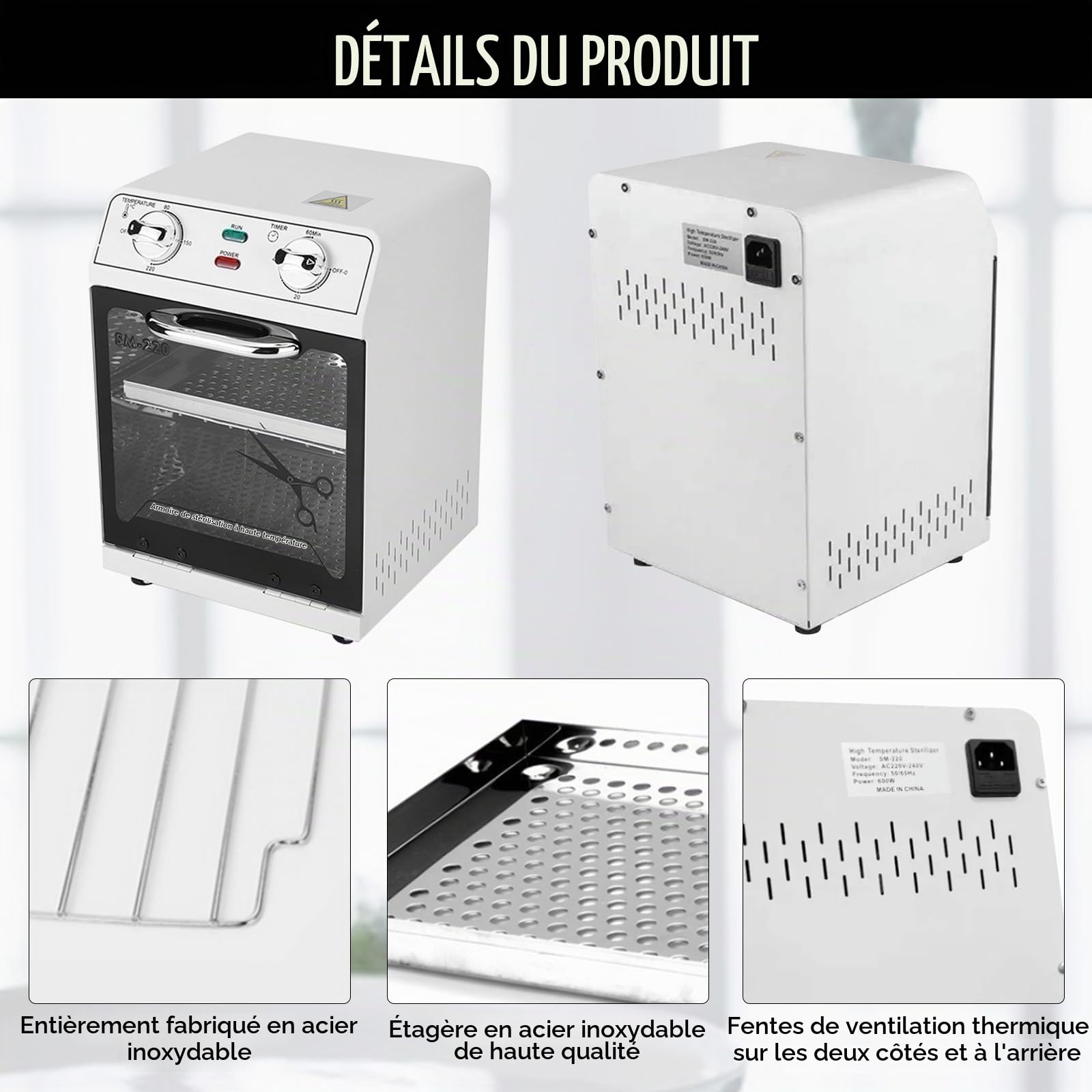 Désinfection par Stérilisateur à Air Chaud, 600W 8L 220℃ Stérilisateur à Chaleur Sèche Stérilisateur à Haute Température Stérilisateur à Ongles avec Minuterie et Voyant Lumineux pour Salon Coiffure