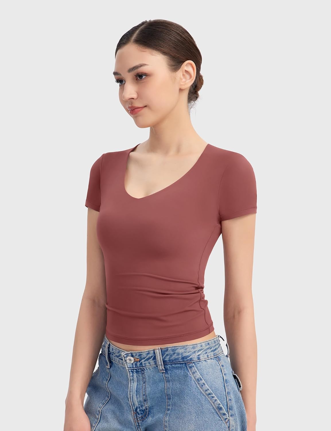PUMIEY Women's V Neck Short Sleeve T Shirts Slim Fit Going Out Tops Sexy Basic Tee Sharp Collection - Image 3