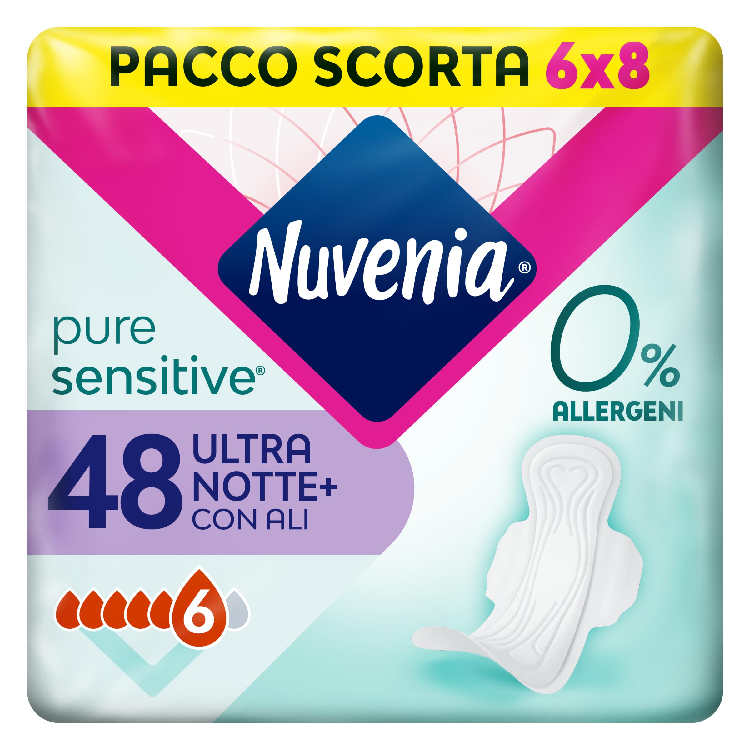Nuvenia, Assorbente Pure Sensitive Ultra Notte con Ali, Assorbenti per Flusso Abbondante, Confezione da 48 Assorbenti