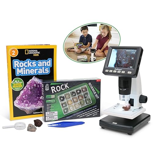 IQCREW by AmScope - Microscopio digital de color LCD portátil de alta calidad para niños con kit de actividad de aspecto y aprendizaje de