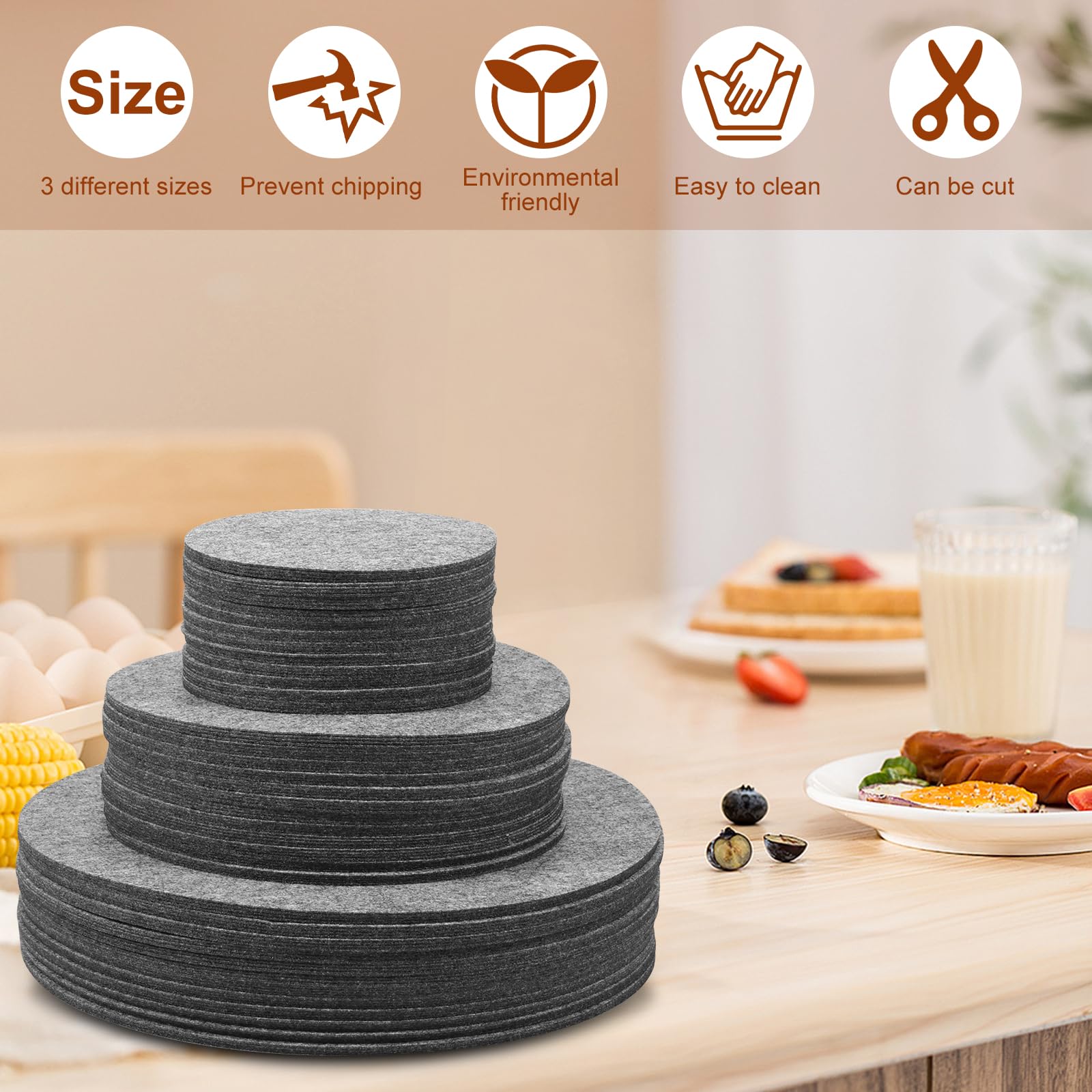 144 pièces de séparateurs de plats en feutre 3 tailles 12,7 cm 19,1 cm 26,7 cm Protège-poêles en feutre lavable Protège-casseroles Protection empilable pour assiettes Vaisselle en verre Couverts en