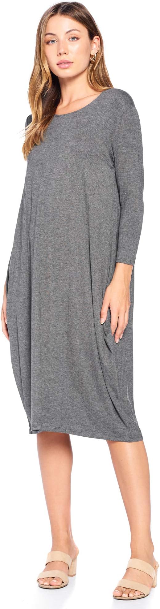 12 Ami Round Neck 3/4 Sleeve Tulip Hem Midi Dress (S-XXL) - Made in USA