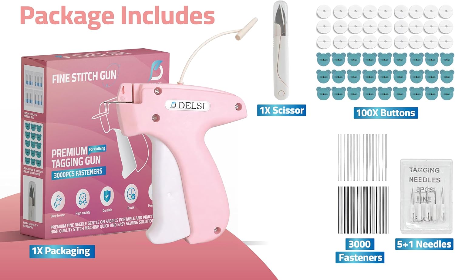 Stitch Gun for Clothes, All-in-One Handheld Tagging Gun Kit with Ultra-Fine Micro Needles (6 Needles), 3000 Black & White Fasteners, 100 Teddy Bear Buttons, Fabric-Safe Quick Clothing Fixer - Image 2