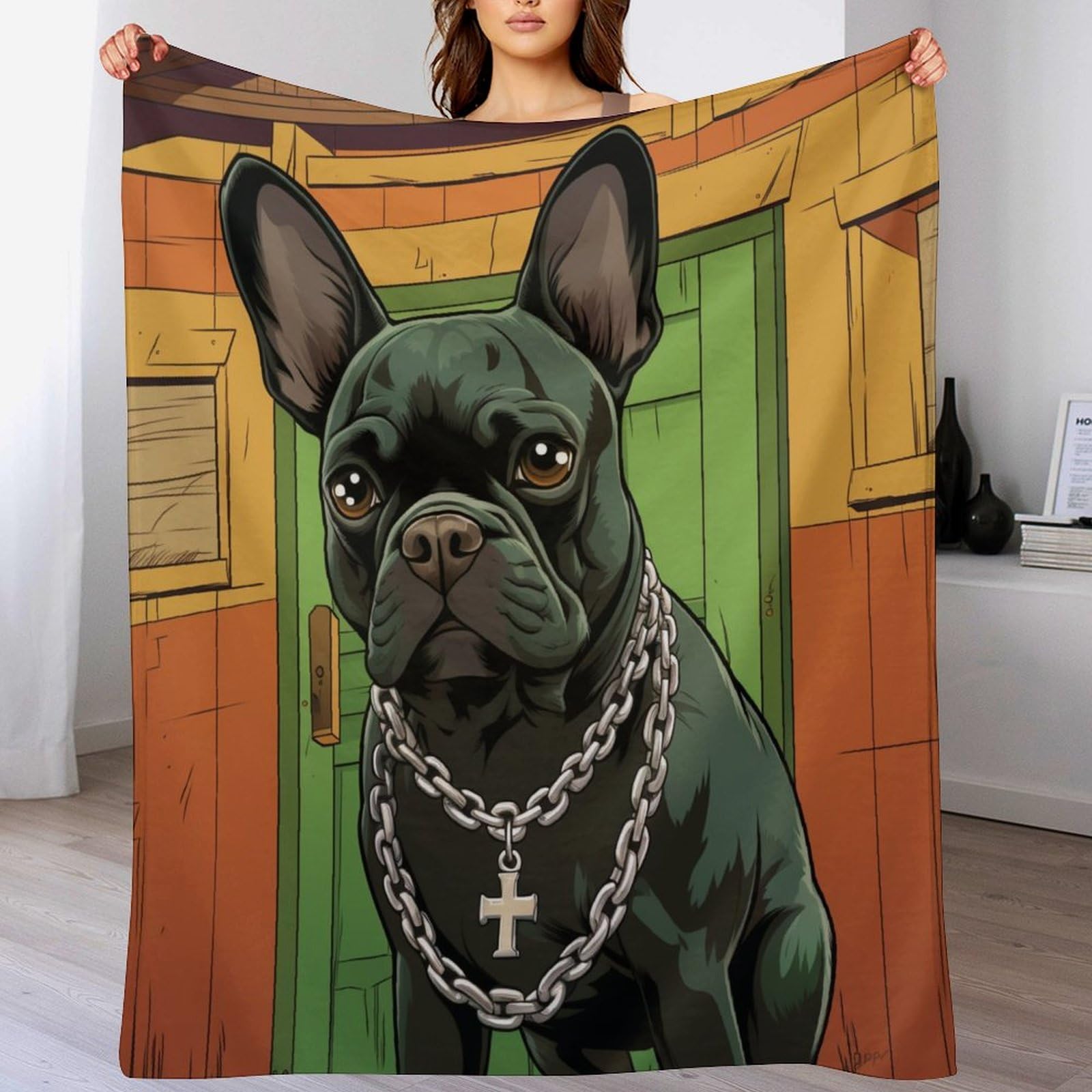 Couverture French Bullchien en flannel douce 150x200cm pour lit et canapé
