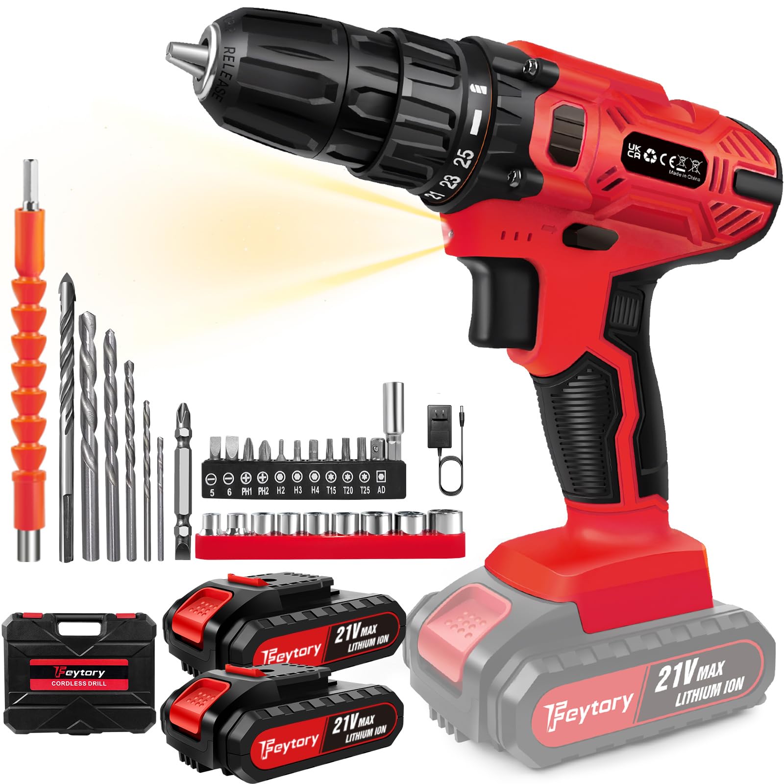 21V Cordless Drill Set, 3/8” Electric Power Drill with 25+1 Torque Rating & 398 inch-lbs for Variable Speeds, Combined Drill with LED and 2 * 2000mAh, 29pcs Drill/Driver Bits Electric Driver for Work
