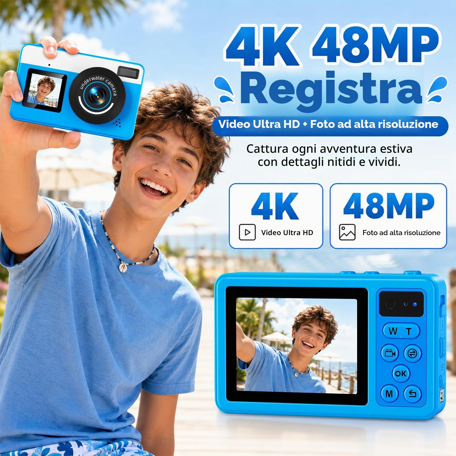 Maxmango D70 Fotocamera Subacquea 4K 48MP, Macchina Fotocamera Impermeabile 10FT per Piscina Spiaggia, Doppio Schermo Autofocus Zoom 18X, Macchina Fotografica Regalo per Ragazzi e Adulti, 32GB, Blu