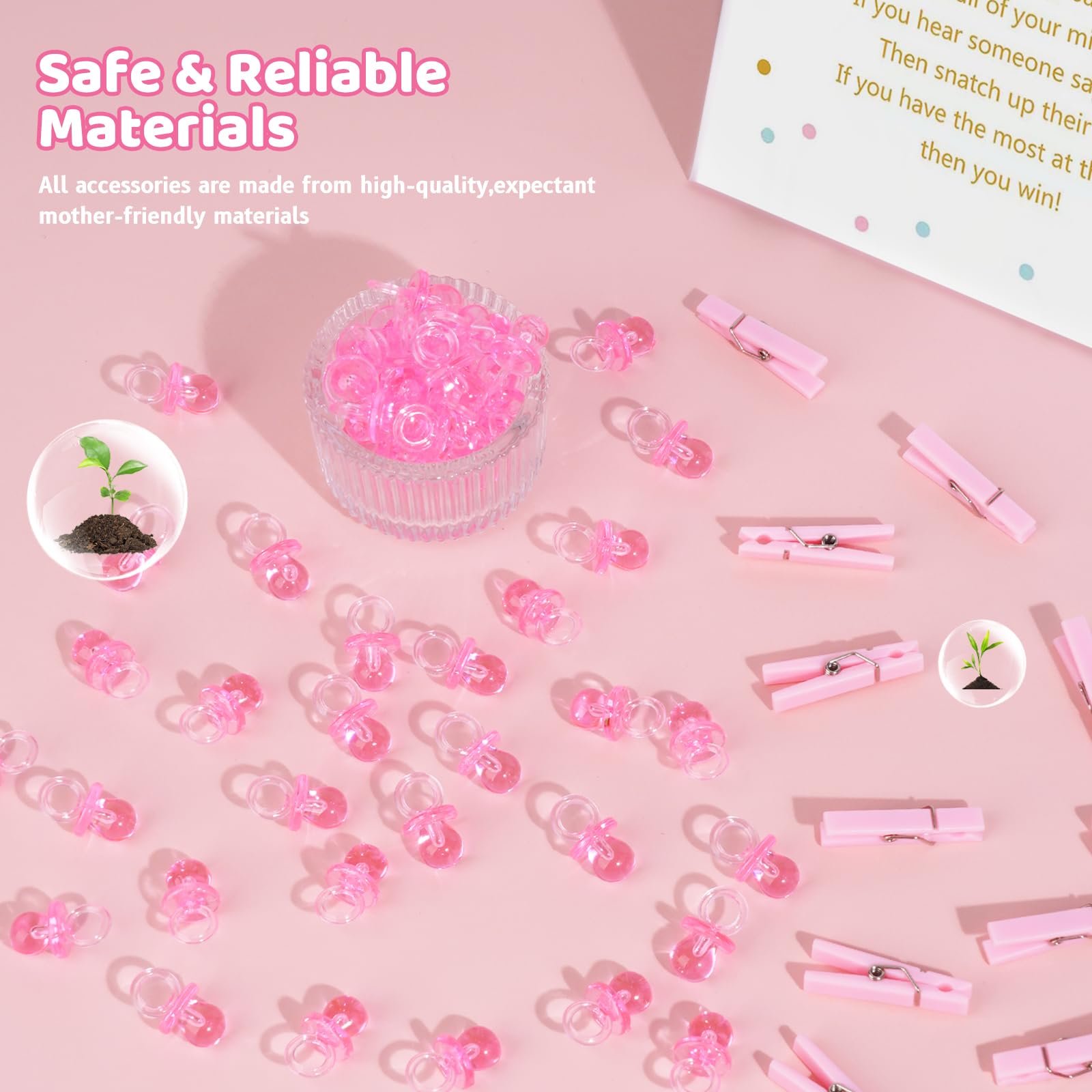 Baby Shower Clothespin gra zawiera jeden znak 'Don't Say Baby ' 8 × 11 i 60 mini różowych spinaczy do bielizny 60 mini smoczków dla niemowląt