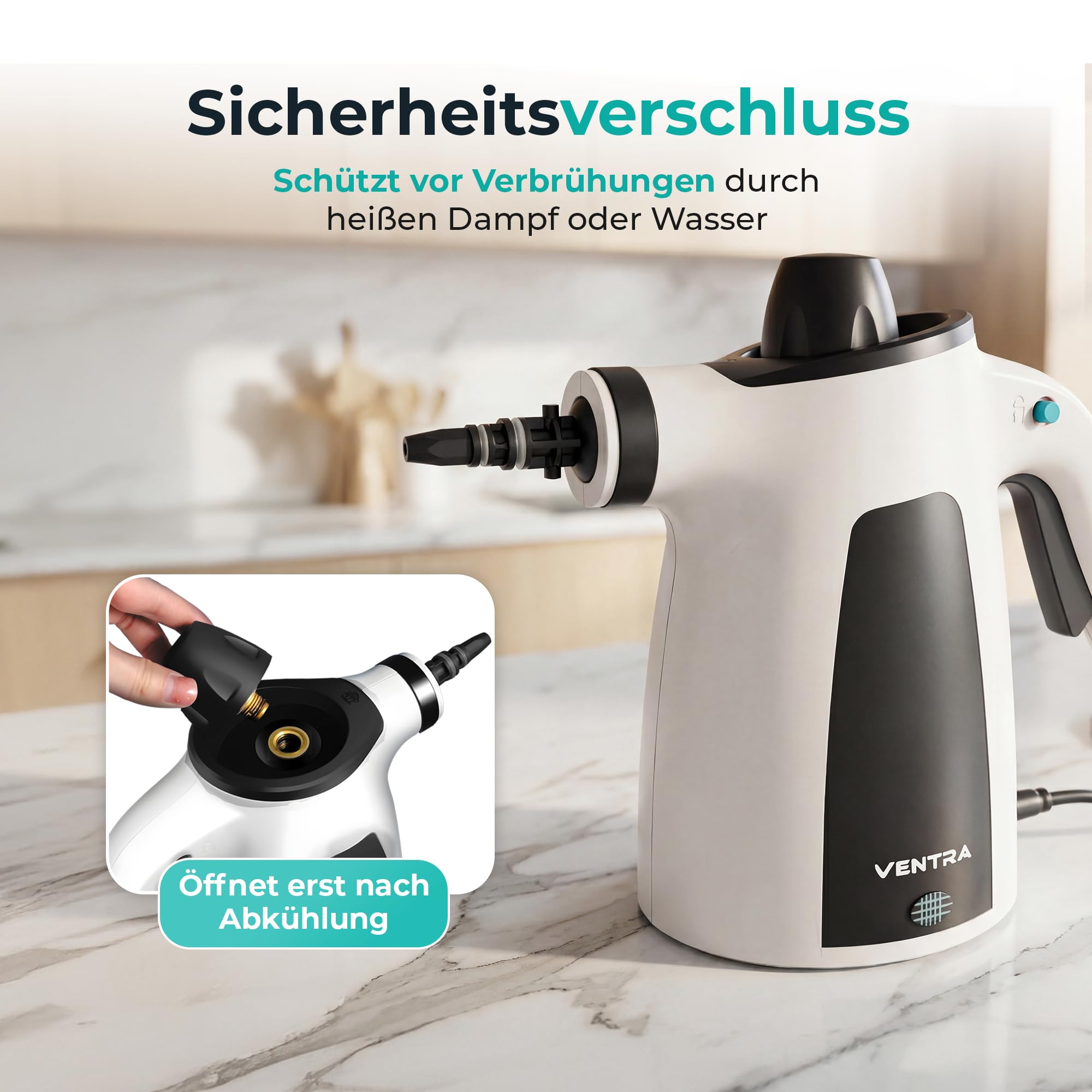 VENTRA® 15-teilig Dampfreiniger – Handdampfreiniger – 3.5 Bar | Extra leistungsstarkes, 5 Meter Stromkabel, inklusive Mikrofasertuch