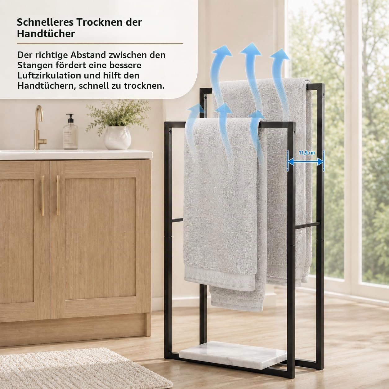 KES Handtuchhalter Stehend Schwarz, Doppel Handtuchständer Marmor Badetuchhalter Freistehend Metall Handtuchstange, BTH501-BK