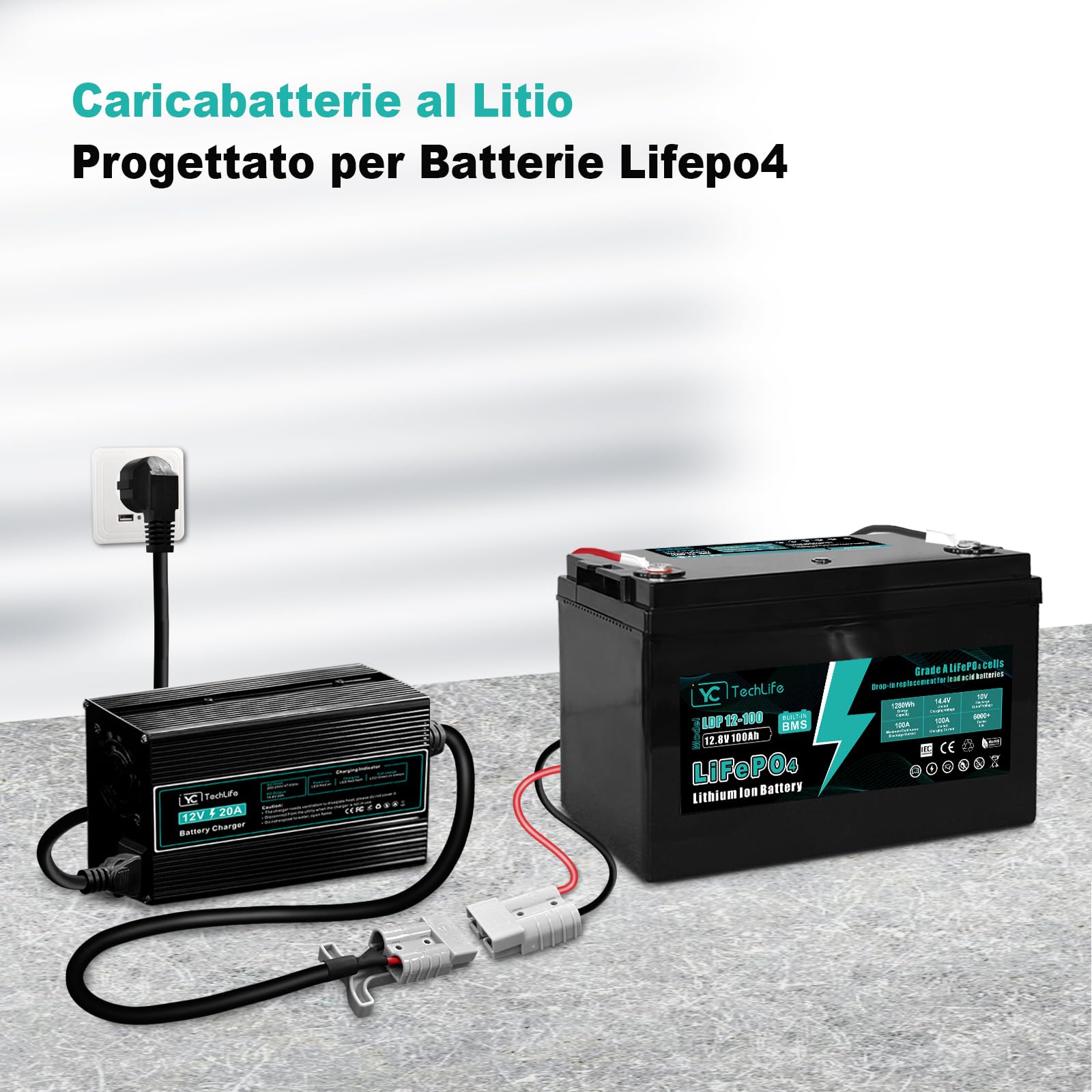 Carica Batterie Litio, 12V 20A Carica Batterie LiFePO4 Compatibile con Connessione Anderson Progettato per la Ricarica di Batterie LiFePO4 a Ciclo Profondo di Auto RV Marine