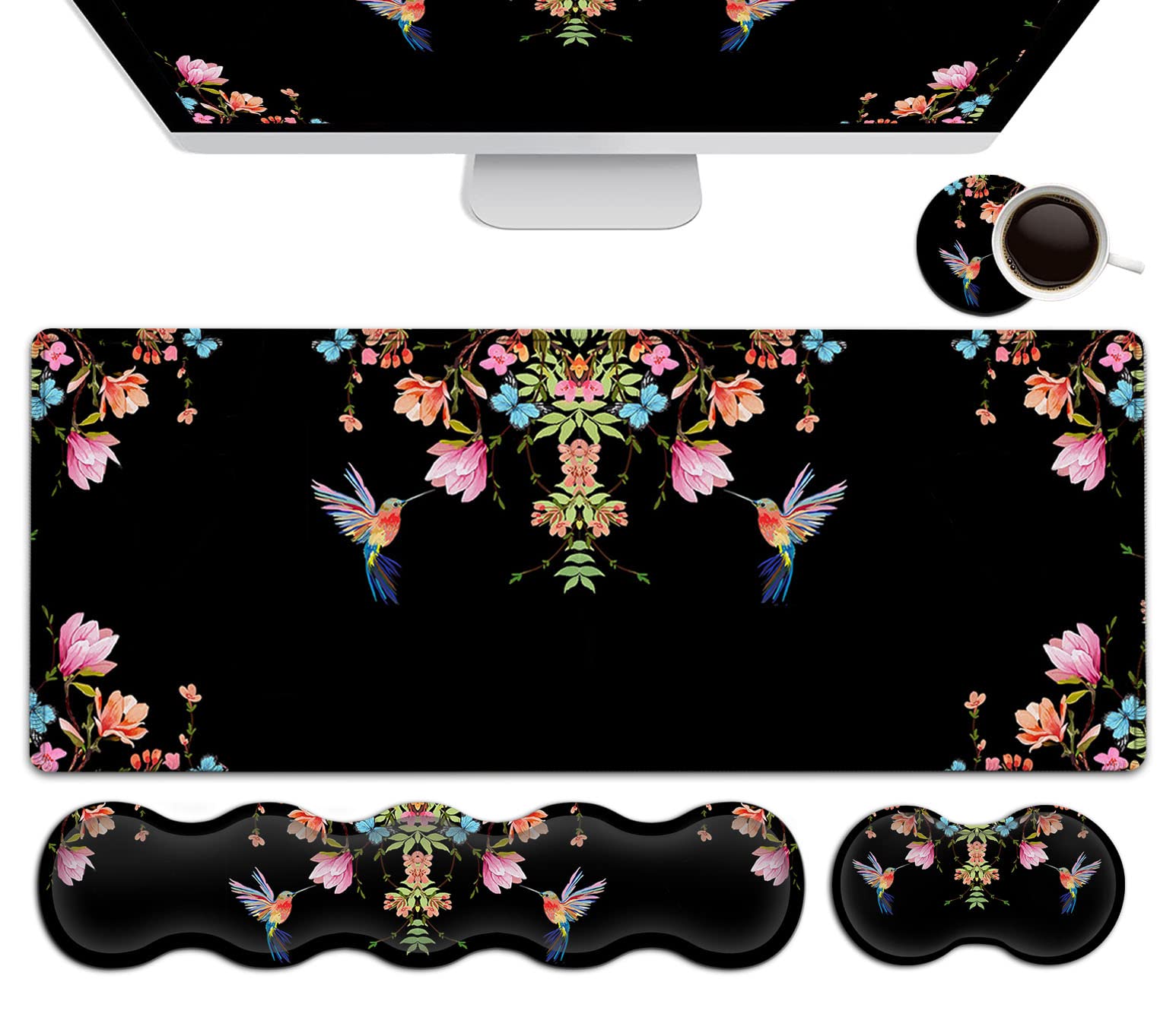 Erweitertes schwarzes Gaming-Mauspad, ergonomische Memory-Schaum-Tastatur-Handgelenkauflage und rutschfeste Maus-Handgelenkauflage für Laptop, Schreibtisch, Schreibblock, Kolibri, Aquarell-Blume,