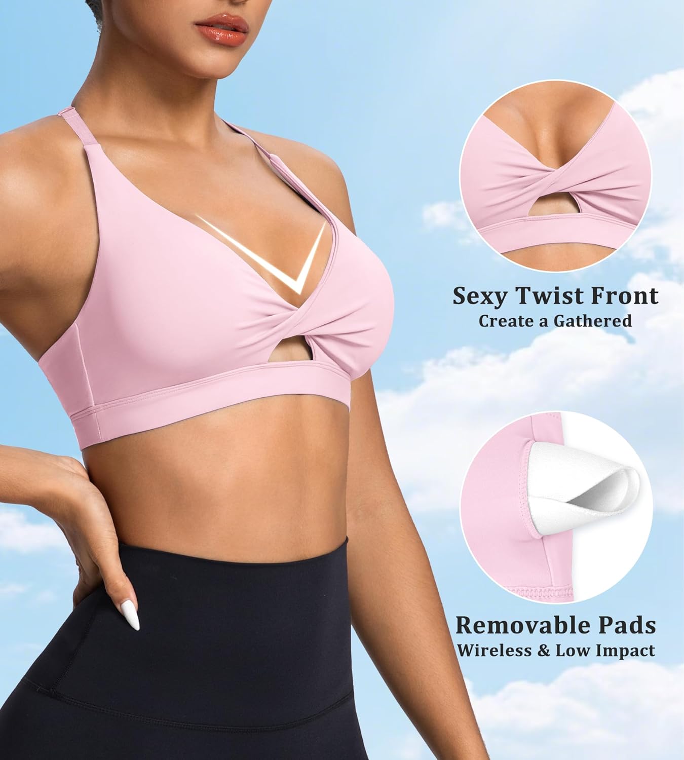 2 Pack Sports Bras for Women - Push Up Medium Impact Halter Adjustable Strappy Workout Wireless Bra