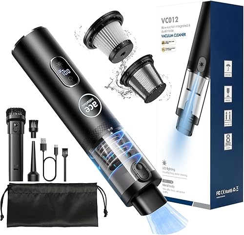 Aspiradora portátil inalámbrica para automóvil, potente succión de 13 kPa, ligera 1.2 libras, carga rápida tipo C, doble filtración, mini aspiradora