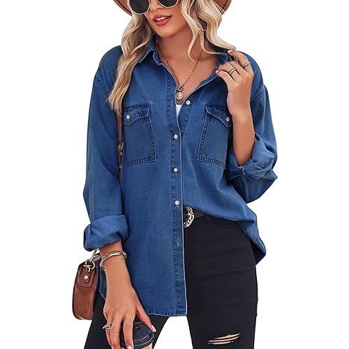 chouyatou Women's Spring Long Sleeve Denim Jean Shirts Button Down Shirt Business Casual Tops