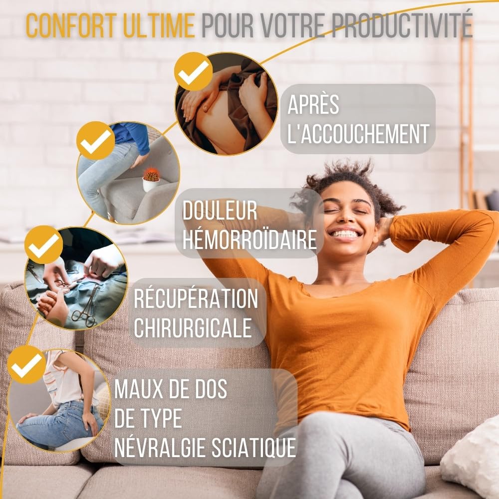 Inphysio® Coussin Donut, Coussin Assise Ergonomique, Coussin Coccyx, Coussin Siege Orthopédique, Coussin Memoire Forme, Coussin Fesses, Coussin Hemorroidaire, Coussin Voiture, Chaise, 45 x 37 x 9cm
