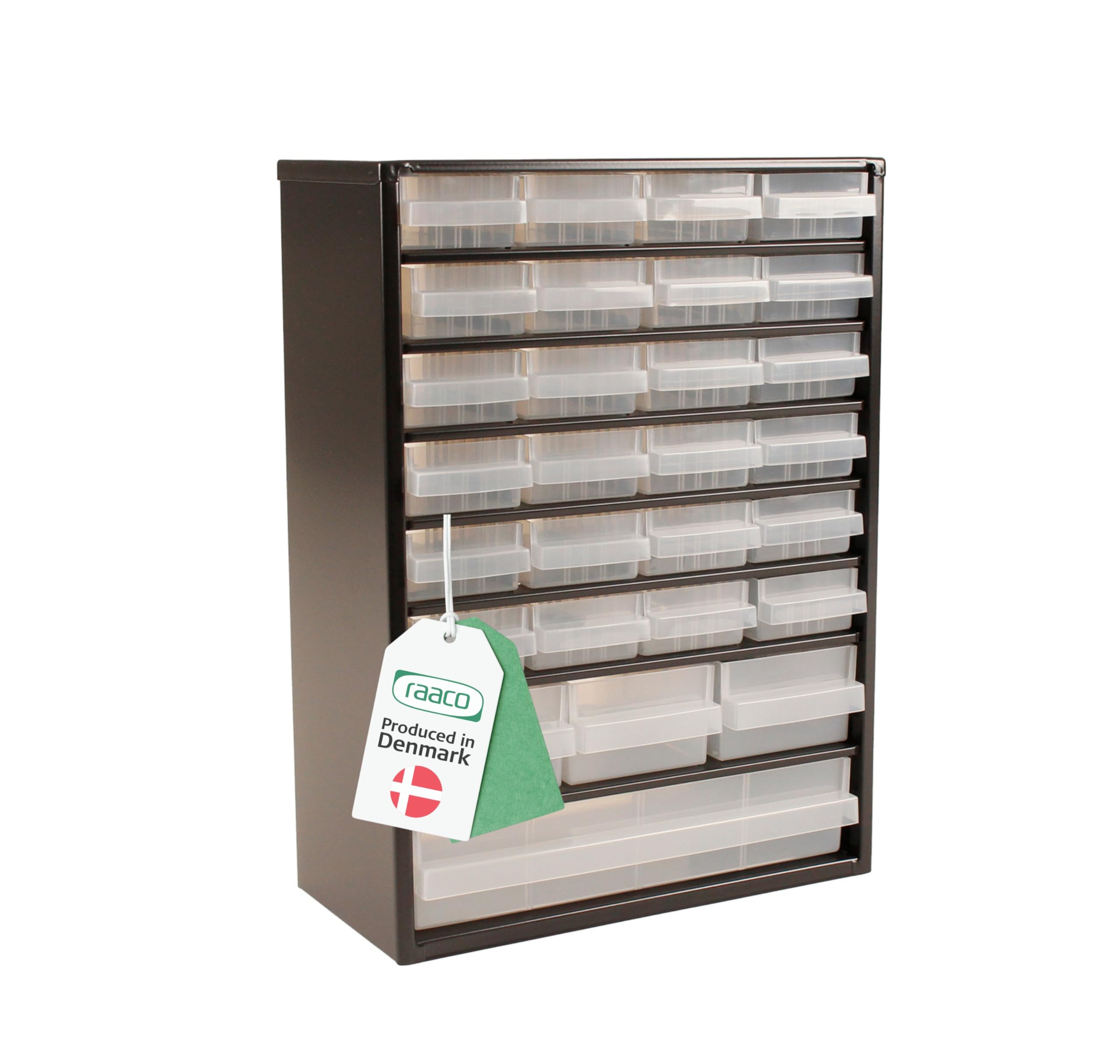 Raaco Storage Cabinet C9-28 with 28 Drawers | Metal Tool Organiser | 26 kg Capacity | 15 × 30.6 × 42 cm | Steel Frame with Transparent Polypropylene Drawers | Garage Storage & Workshop Organiser
