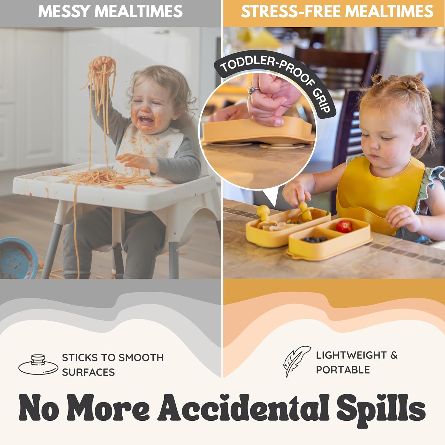 Baby Travel Essentials 6 Pc Silicone Feeding Set - Portable Toddler Plates with Suction, Baby Spoons & Foldable Bib in Carrying Case - BPA-Free Infant & Toddler Utensils for Airplanes & Eating Out