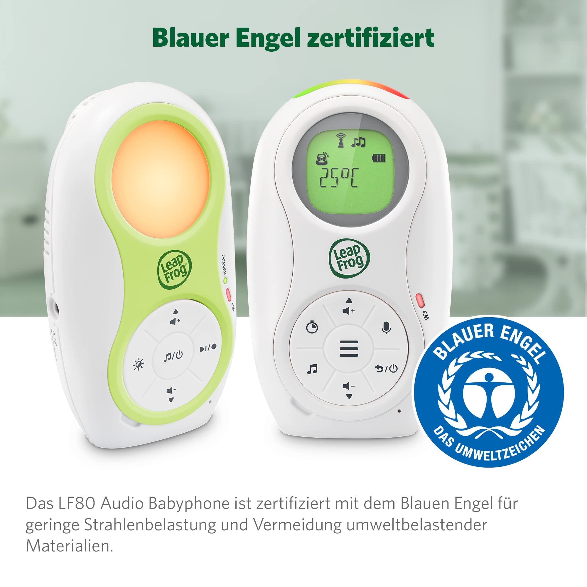 LeapFrog LF80 Audio Baby Monitor, Digital Technology, Long Range, Temperature Sensor, Memory Function, Noise Indicator, Soothing Sound, Night Light, Voice