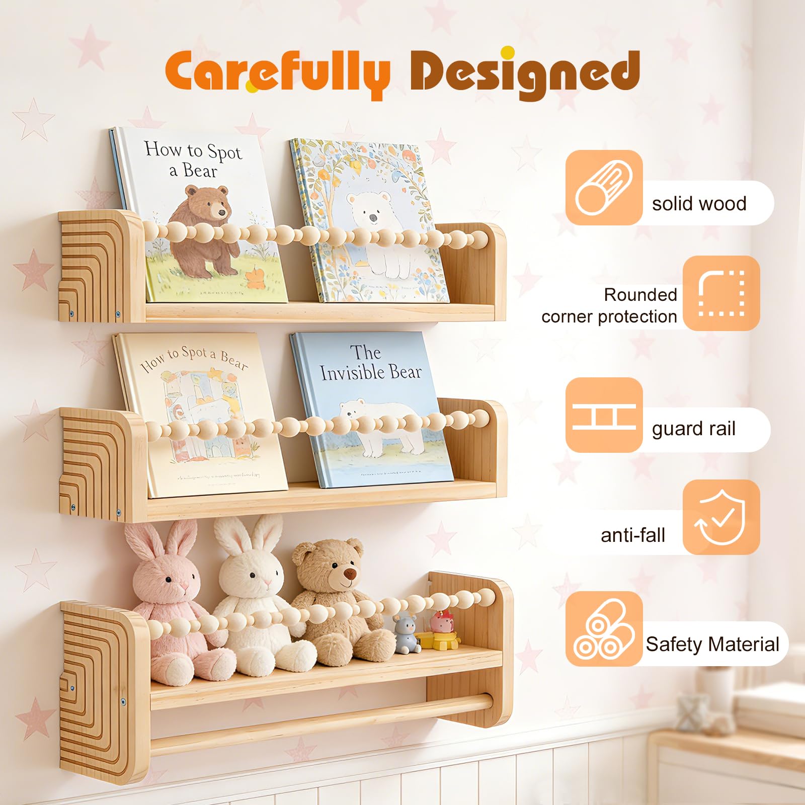 Étagères Murales en Bois Lot de 3, 40cm Bibliothèque Montessori Rangement Cadres Livre, Étagère Flottante pour Bureau Chambre Chambre et Cuisine