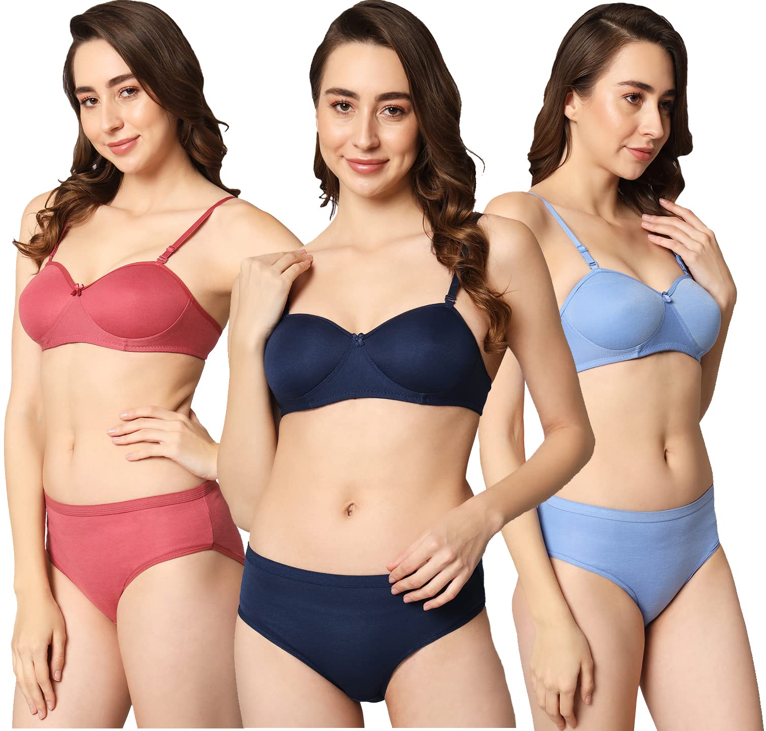 Zielen Women's Cotton Half Cup Padded Non-Wired Lingerie Set Bra Panty Set (Pack of 3)