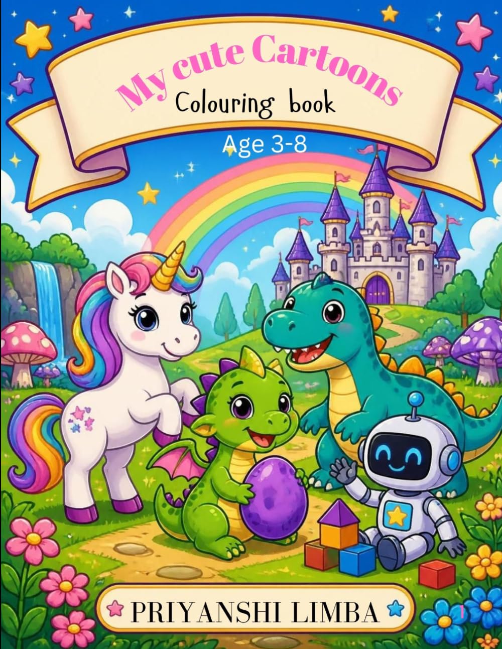 my cute cartoons colouring book: Fun and Easy Coloring Pages Featuring Adorable Animals, Kawaii Characters, Dinosaurs, Unicorns, Monsters, Vehicles, ... Toddlers, Preschoolers, and Young Children
