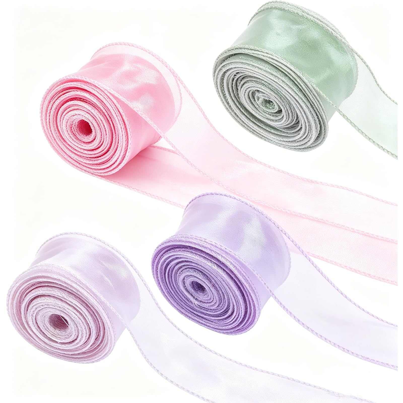 Satin Ribbon Roll, 4 Bundles of Fish Tail Ribbons in Matcha Green, Purple, Iridescent White, and Pink, 1 Each, Crafting and Gift Wrapping Supplies for DIY Projects and Decoration-image-5