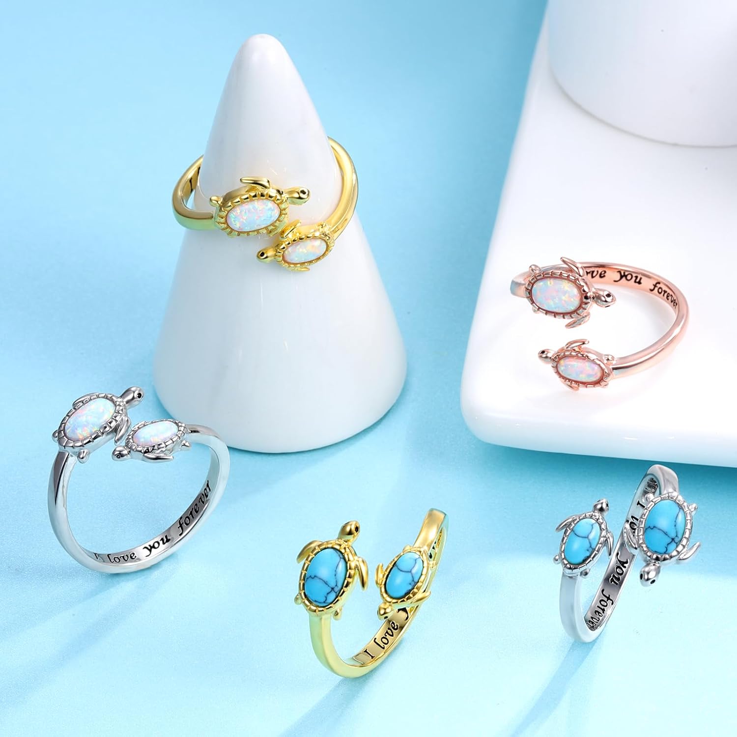 925-Sterling-Silver Opal/Turquoise Sea Turtle/Dolphin/Sea Life Ring - Inspirational I Love You Forever Adjustable Open Nature Ocean Mother Daughter Ring Cute Animal Jewelry Gifts for Women - Image 3
