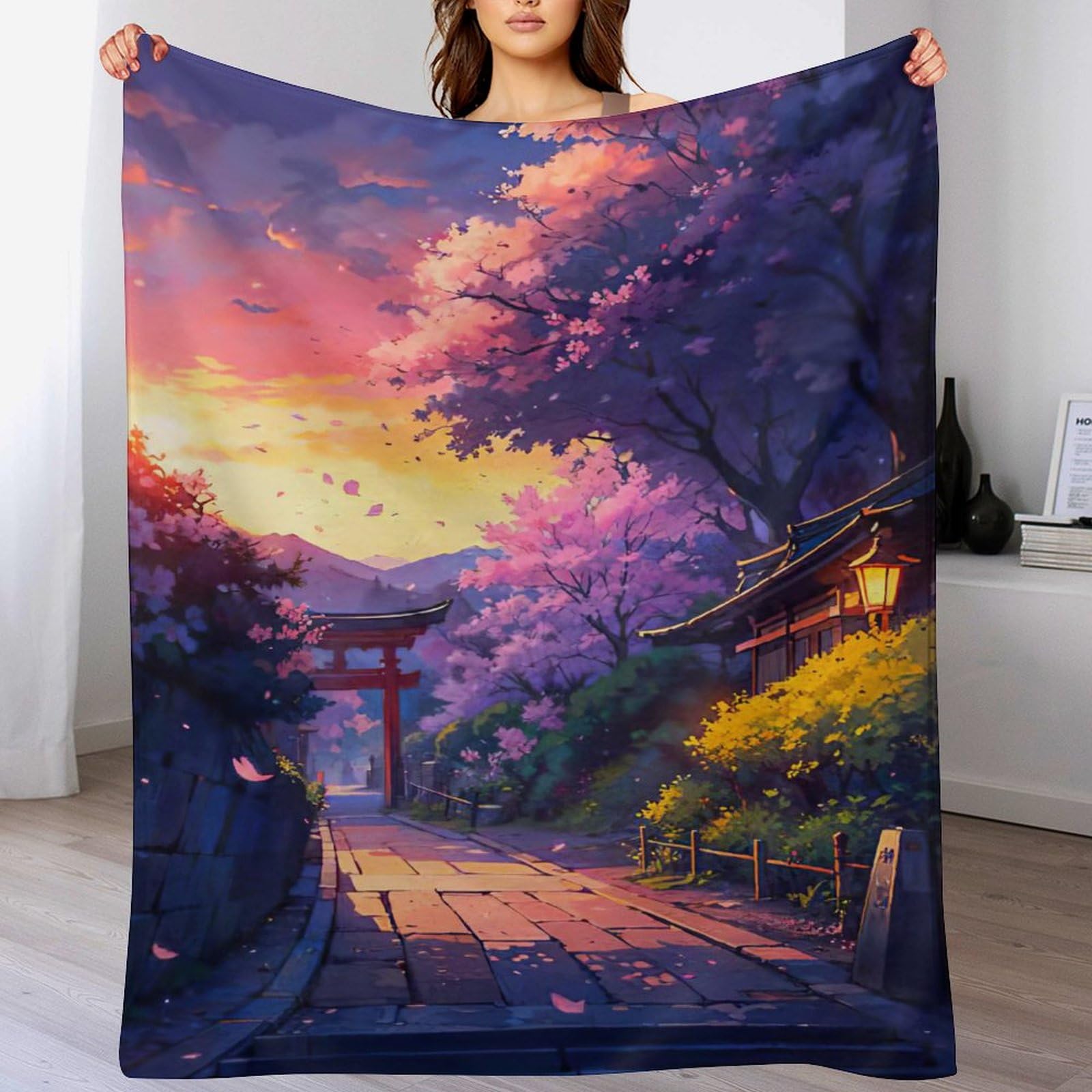 Couverture flannel haut de gamme motif cerisier japonais douceur et chaleur au lit.