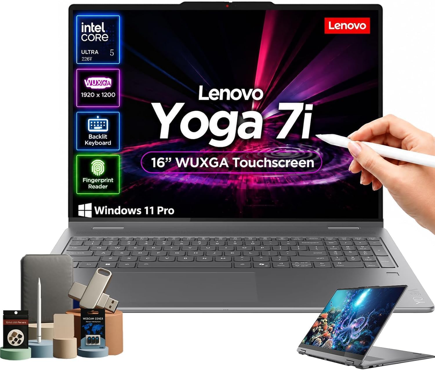 Lenovo Yoga 7i 2-in-1 Touchscreen AI Laptop, 16" WUXGA, 16GB RAM, 1TB SSD, Intel Ultra 5 226V, Copilot+ PC with 40 Tops NPU, Backlit KB, Fingerprint, Wi-Fi 7, Thunderbolt 4, Windows 11 Pro