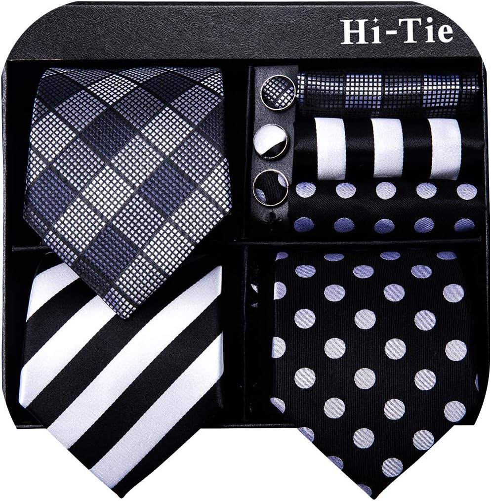 Hi-Tie 3PCS 5PCS Gift Box Mens Tie Set Solid Striped Paisley Necktie Pocket Square Cufflinks for Business Wedding Party