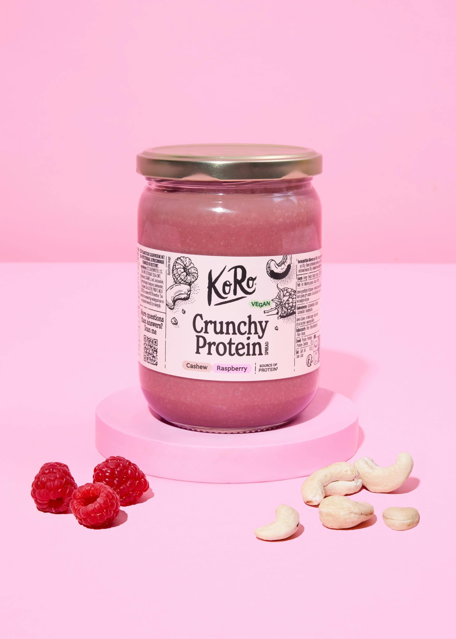 KoRo - Crema spalmabile proteica ai lamponi crunchy vegan 500 g - 62% di frutta secca - Senza olio di palma - Fonte di proteine vegetali