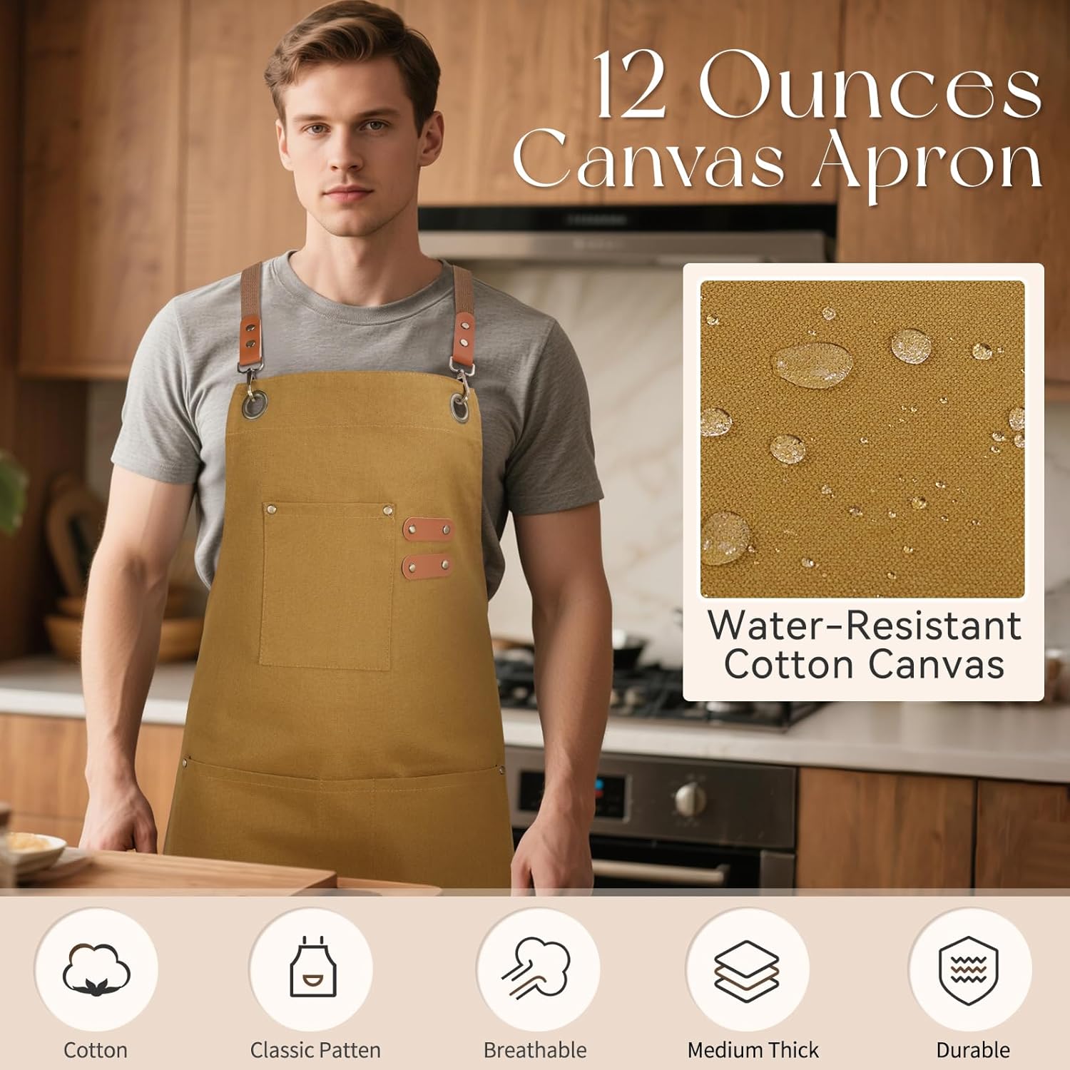 Chef Aprons for Men Women with Large Pockets, Cotton Canvas Water Repellent Kitchen Apron for Cooking - Image 6