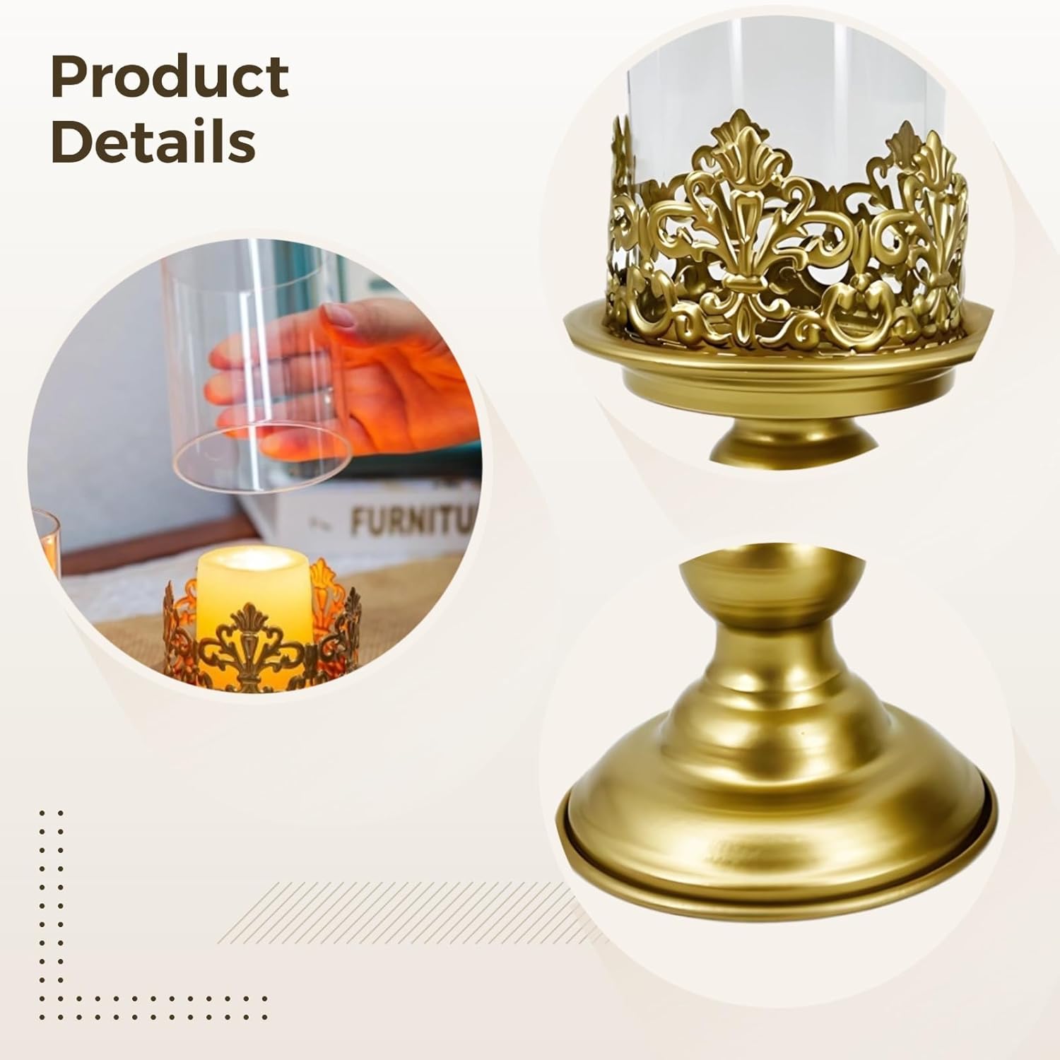 Embossed Luxury, Two Pcs, Golden Candle Holders, Hurricane Candle Holder with Glass Cup, Candle Stand Table Centerpiece for Weddings, Events