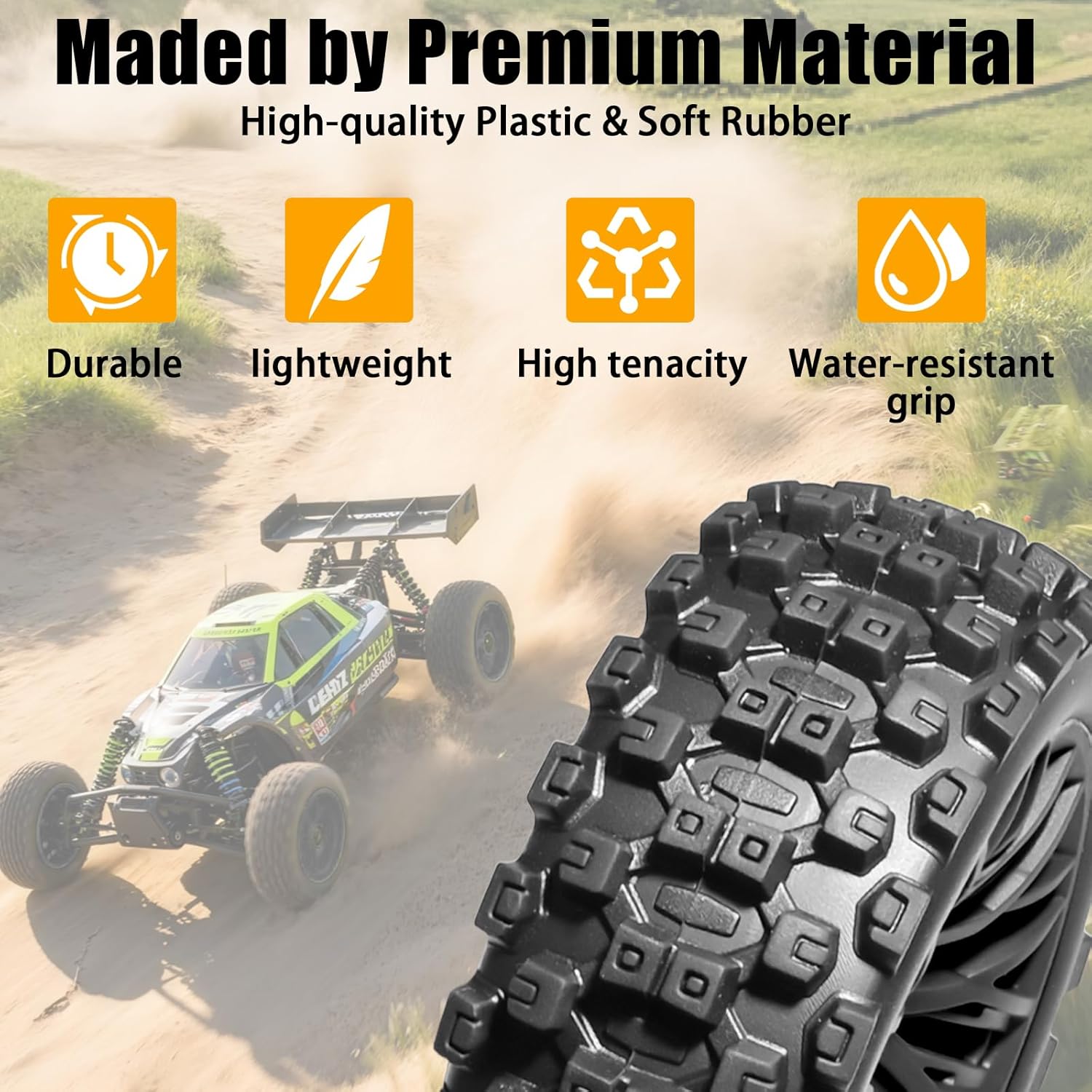 4PCS Pre-Glued RC Crawler Car Rubber Tires and Plastic Wheels Set, 70mm*26mm Tires and Rims with 12mm Hex Fits for ARRMA 1/14 1/16 1/18 Granite/Typhon Grom RC On/Off Road Crawler Truck Car (Black)