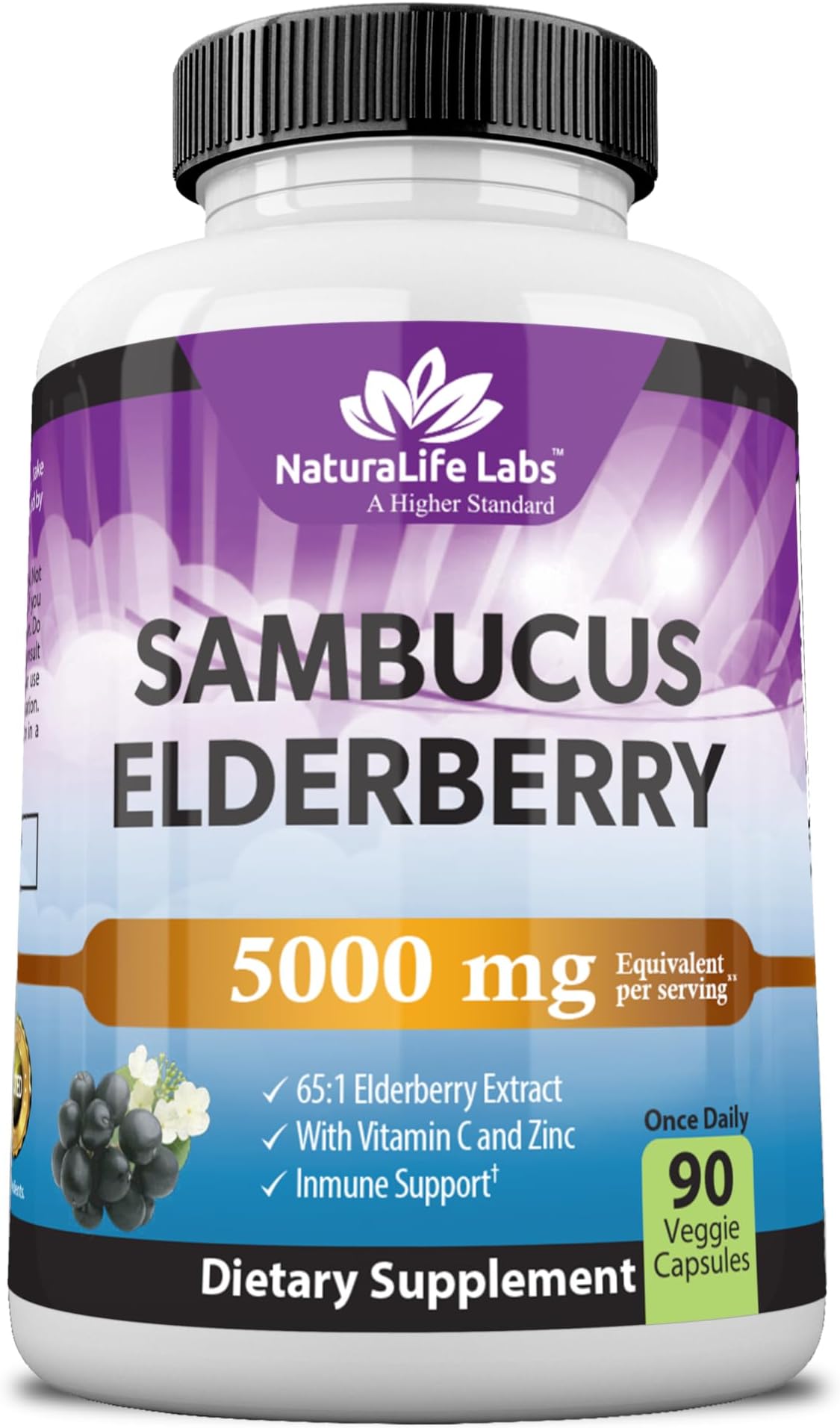NaturaLife Labs Sambucus Elderberry Capsules โ with Vitamin C & Zinc โ Immune Support Supplement โ 90 Vegan Capsules โ Non-GMO & Gluten-Free