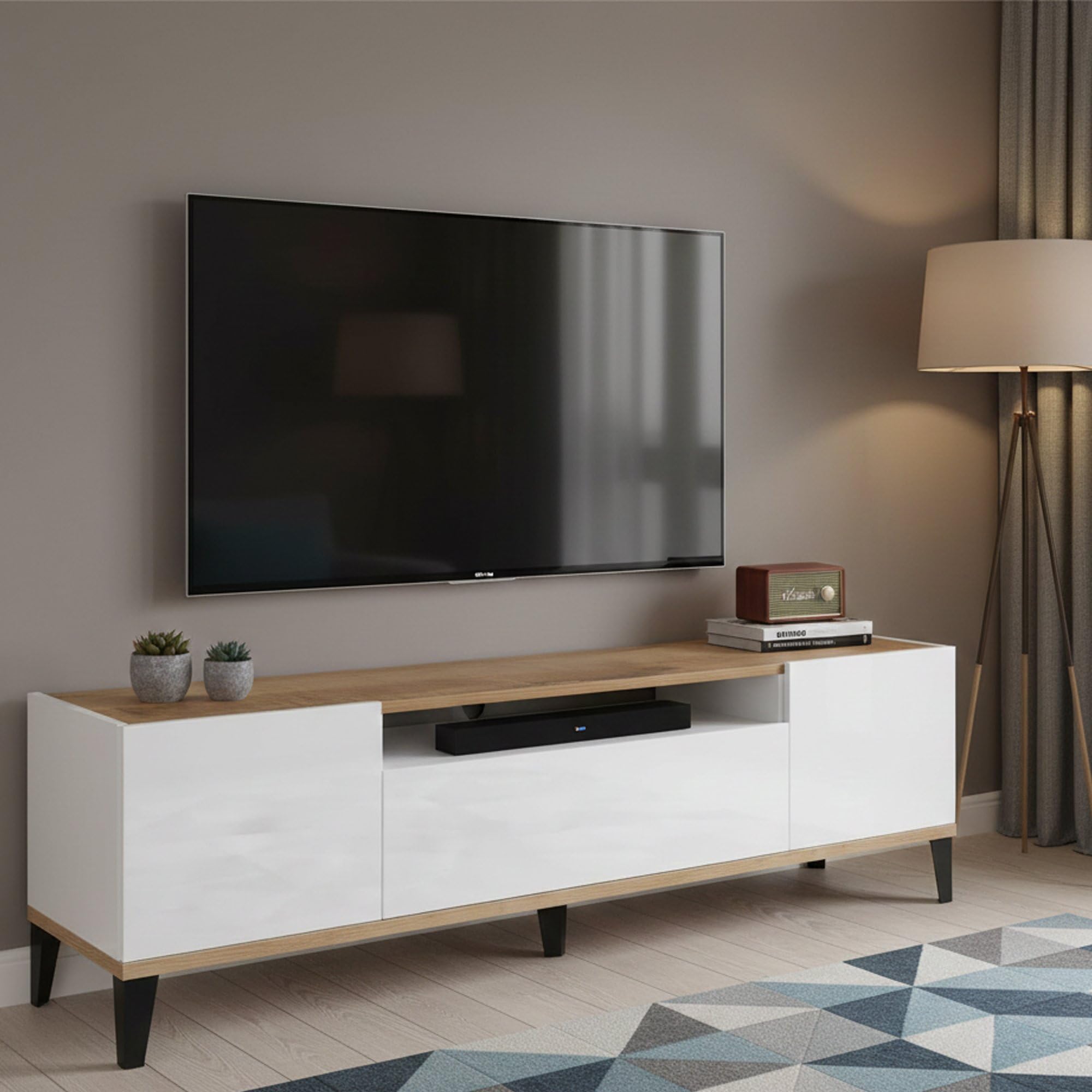 Dmora - Mobile porta TV Ivan, Credenza bassa da soggiorno a 2 ante, Base porta televisione, 100% Made in Italy, cm 160x40h47, Bianco lucido e Acero