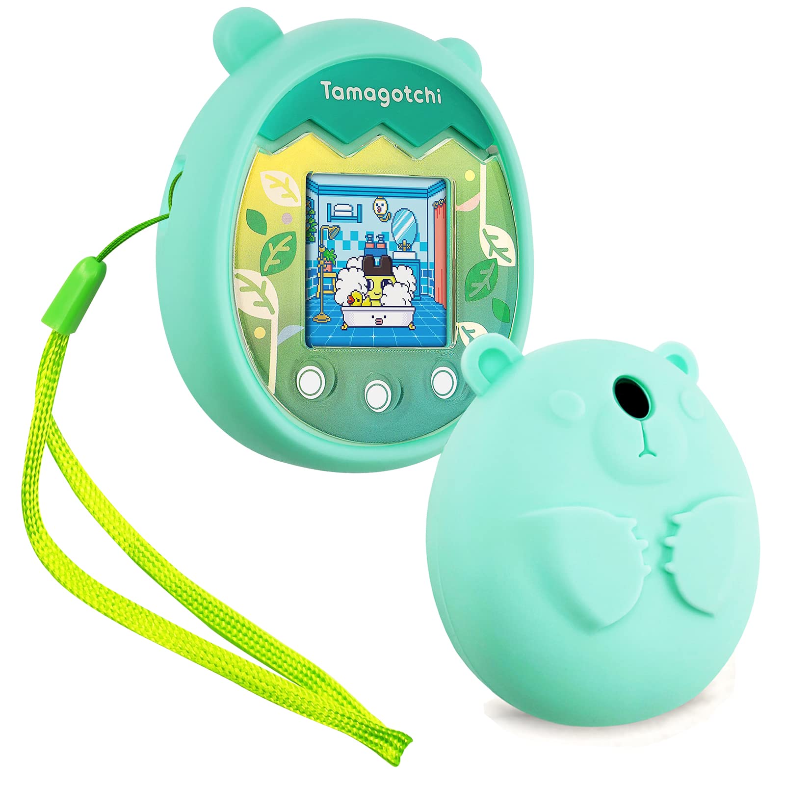 Silicone Protective Case Compatible with Tamagotchi Pix Virtual Pet Game Machine,Travel Soft Skin Cover Shell for Tomagatchie Giga Pet Mini Toy,Travel Carry Pouch Sleeve with Hand Strap-NGreen