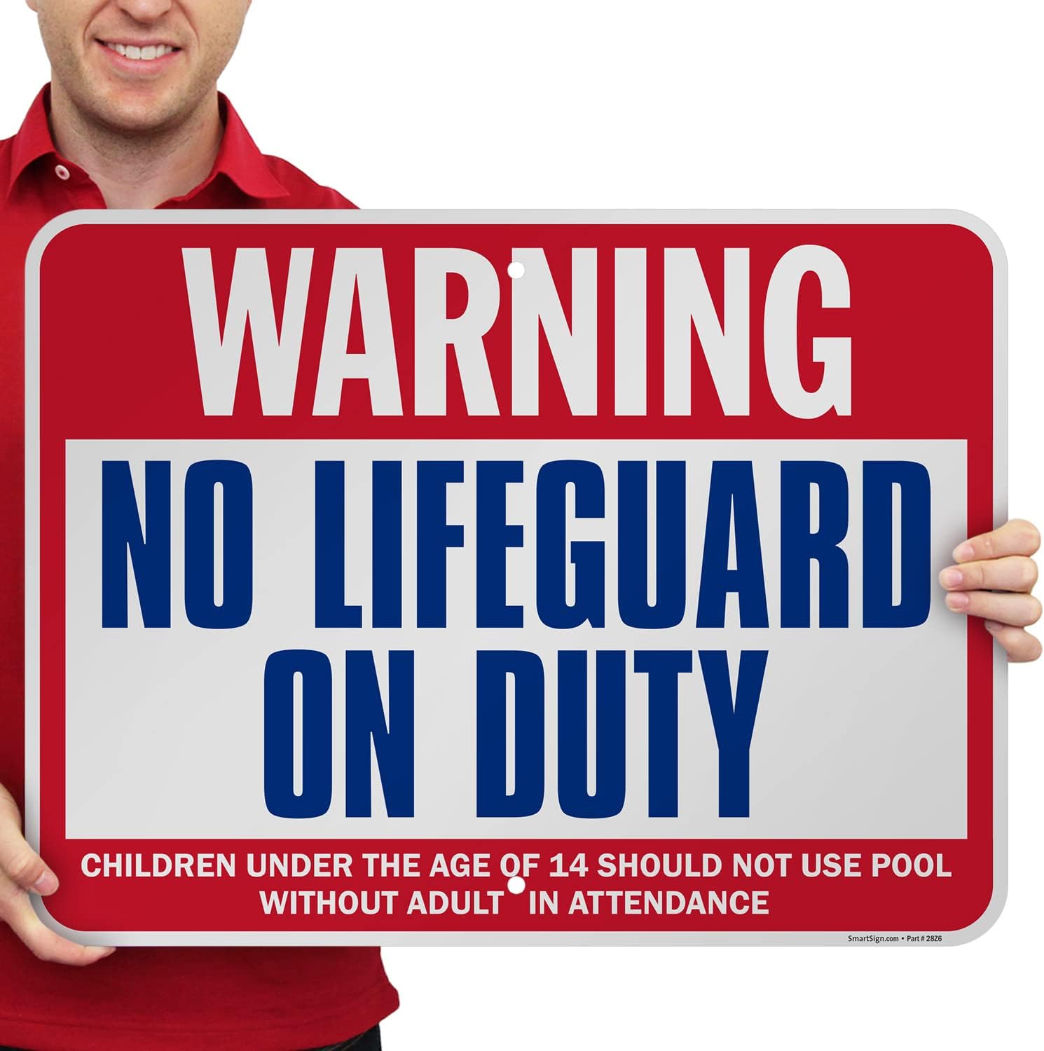 SmartSign 24 x 18 inch “Warning - No Lifeguard On Duty, Children Under 14 Should Not Use Pool Without Adult Attendance” Metal Sign, 80 mil Laminated Rustproof Aluminum, Red, Blue and White, USA-Made
