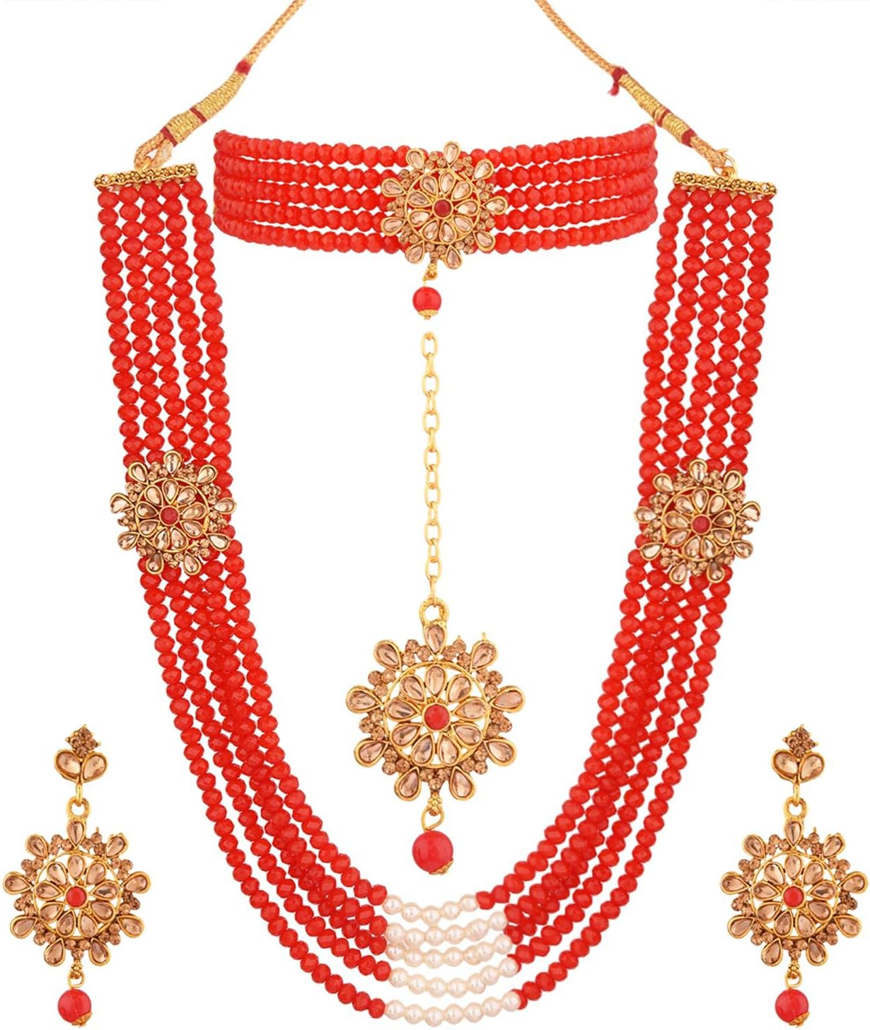 EfulgenzIndian Jewelry Crystal Faux Pearl Multi Strand Necklace Earrings Maang Tikka Beaded Bracelet Bollywood Wedding Bridal Jewelry Set for Women