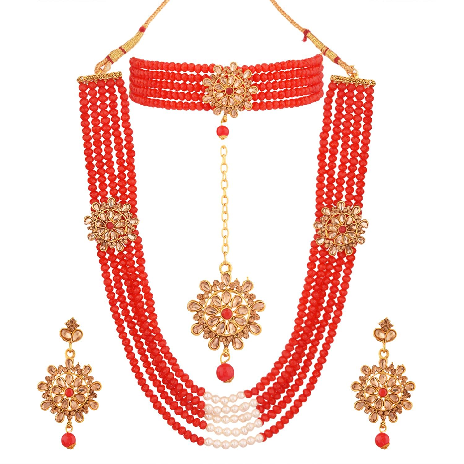 EfulgenzIndian Jewelry Crystal Faux Pearl Multi Strand Necklace Earrings Maang Tikka Beaded Bracelet Bollywood Wedding Bridal Jewelry Set for Women