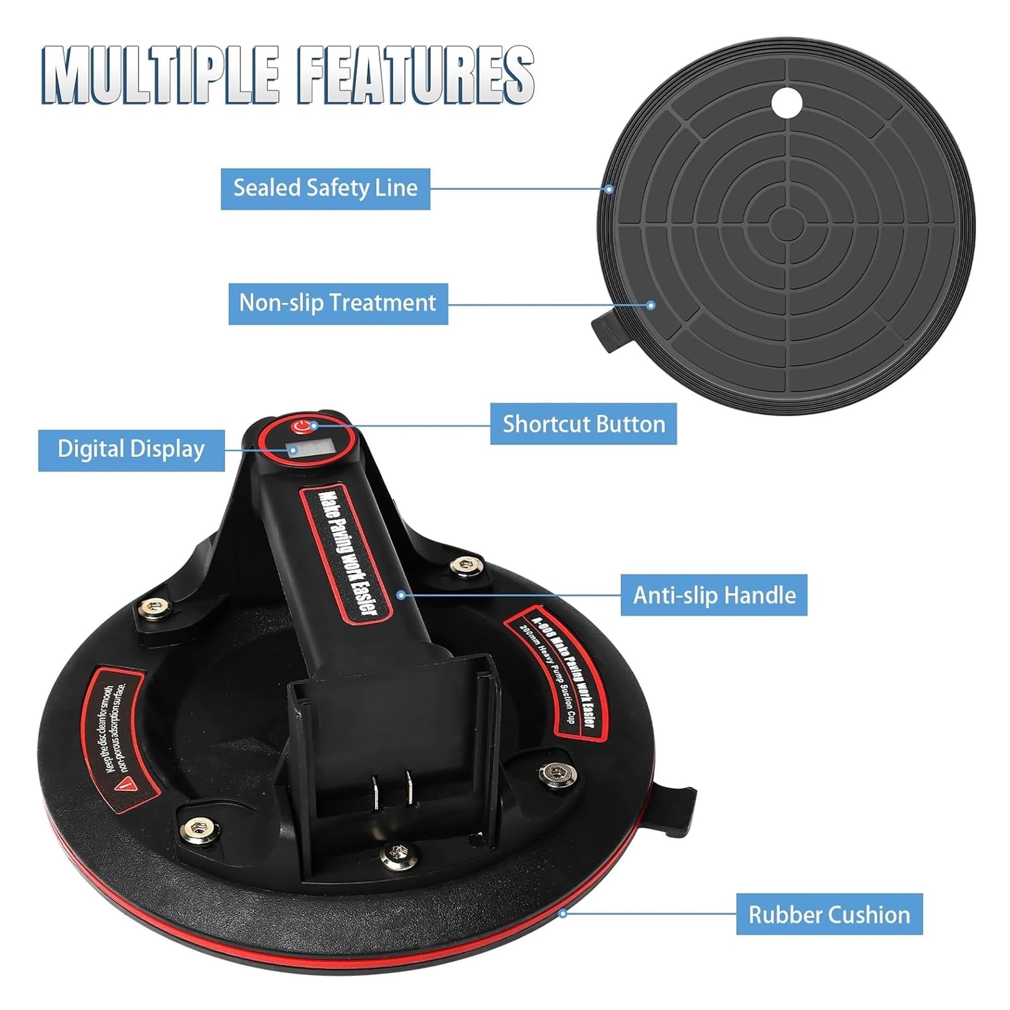 Ventouse électrique de 8 pouces, capacité charge 200 kg, for charges lourdes, adaptée au granit, carrelage, verre, avec batterie rechargeable Outil d'installation