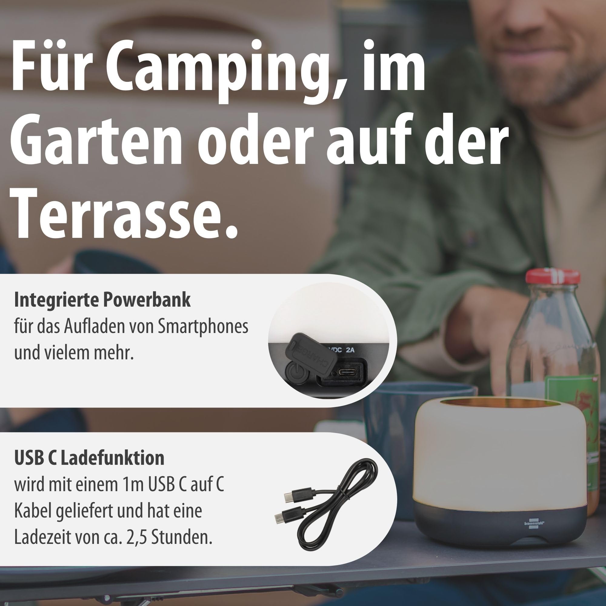 Brennenstuhl Akku Solar LED Outdoor Leuchte RGB GL 100 ASR | Campinglampe IP44 mit 340lm, 10%-50%-100% warmweiß – RGB Farbwechsel, bis zu 85h Leuchtdauer, Powerbank, austauschbarer Akku
