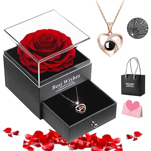 Conjunto de Colar e Rosa Eterna, com “Eu Te Amo” em 100 Idiomas, Presente Flor Eterna para Dia Das Mães, Dia Dos Namorados, Kit Presente Feminino Criativo para Mãe, Esposa, Namorada, Noiva, Amiga