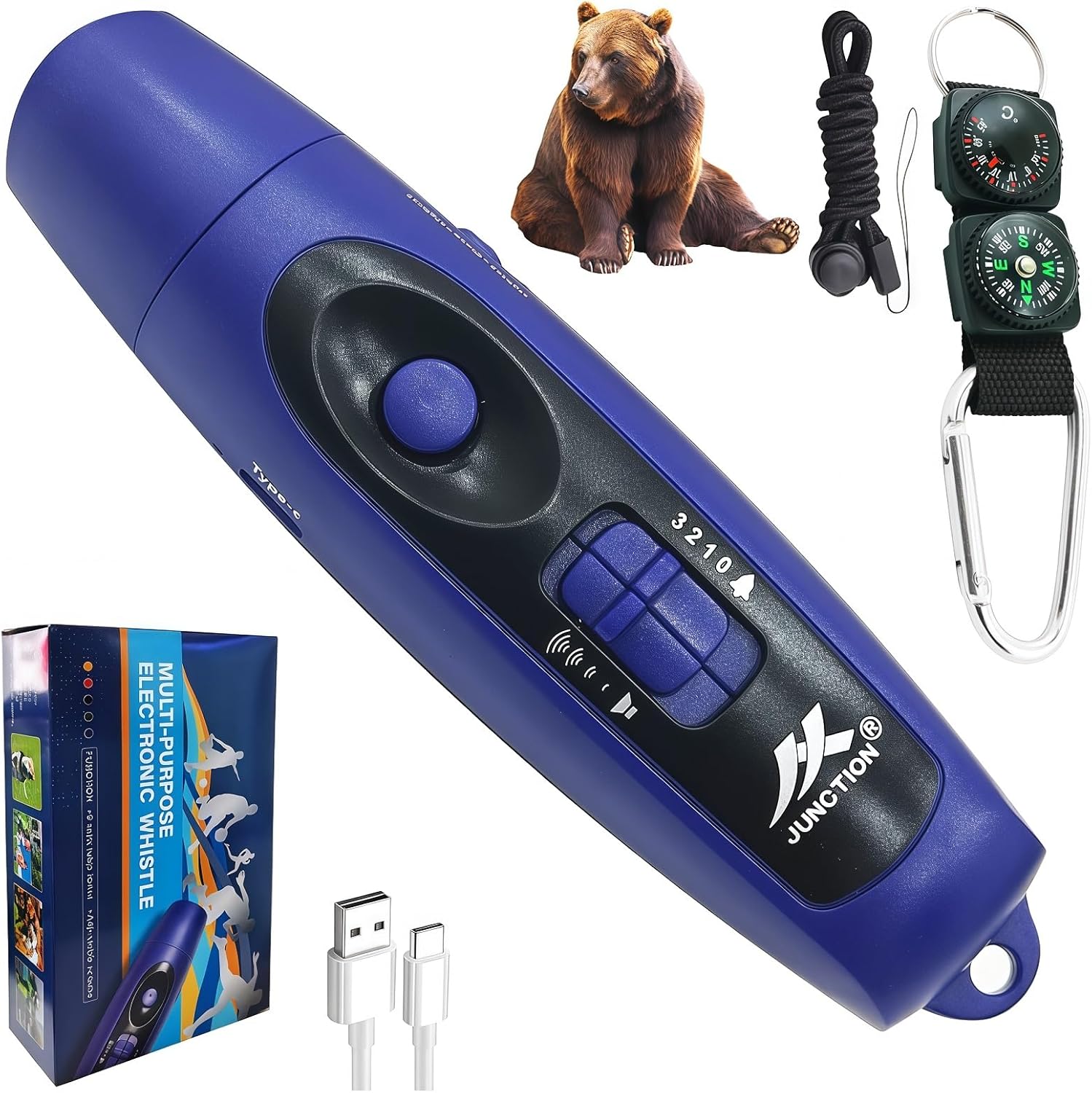 125dB Rechargeable Bear Horn with Flashlight, Compass & Whistle 125dB Rechargeable Bear Horn with Flashlight, Compass & Whistle